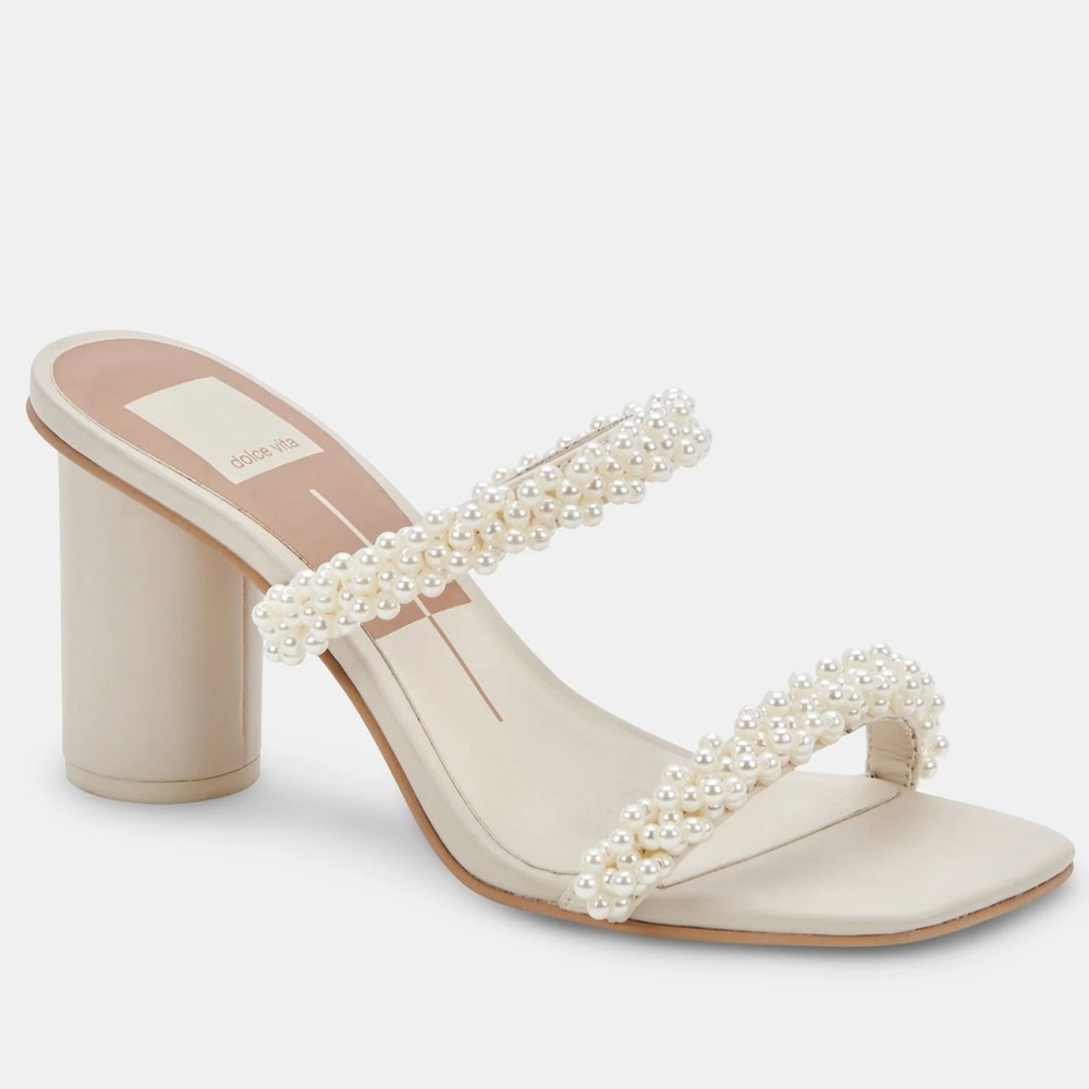 Dolce Vita Pearl-Embellished Ivory Block Heel Sandals